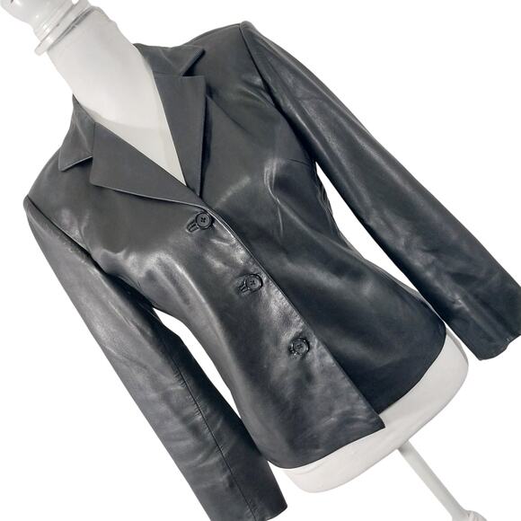 TALBOTS PETITES! LUXE BLACK GENUINE LEATHER TAILORED JACKET, COAT, BLAZER! SZ 4P - Picture 1 of 12